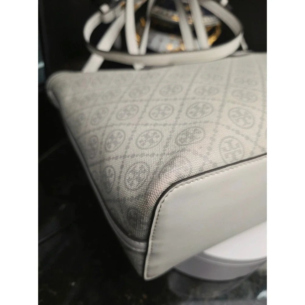Tory Burch T Monogram Coated Canvas Tote White Gray Logo Crossbody Bag Luxury